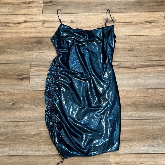 Cinq a Sept Shiny Astrid Mini Dress SZ 12 Teal Topaz Ruched Side Zip Adjustable - Picture 2 of 11